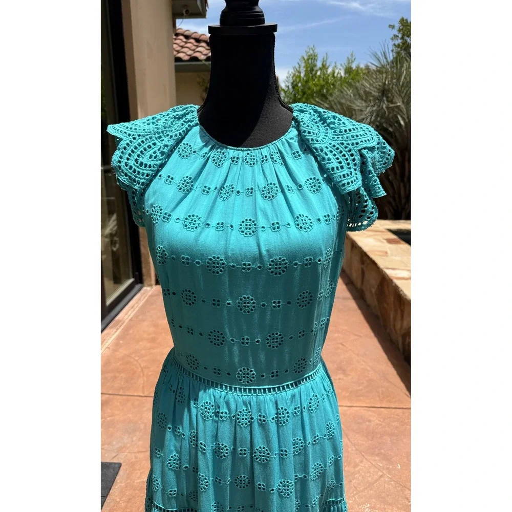 Antonio Melani Turquoise Eyelet Lace Midi Dress S10 Cotton Lined Flutter Sleeve - Picture 4 of 12